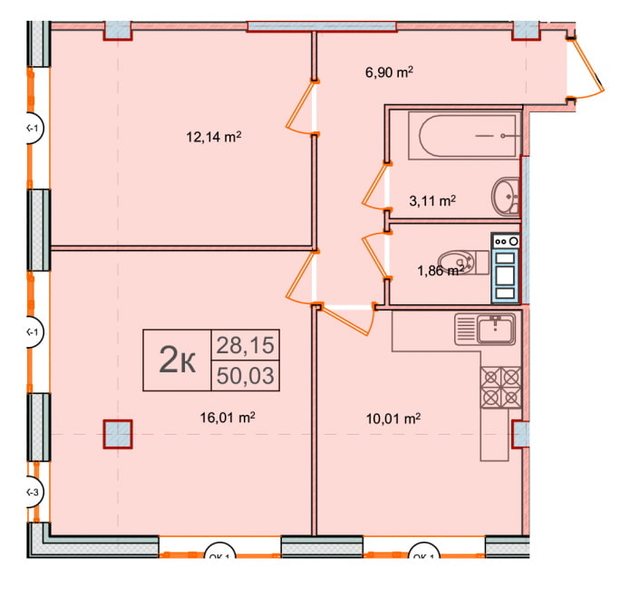 la disposition de l'appartement est de 50 carrés