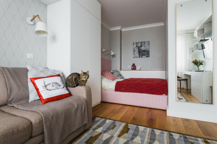 การออกแบบห้องนอนในการตกแต่งภายในของพาร์ทเมนต์ 35 สี่เหลี่ยม