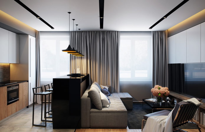 design cucina-soggiorno in un appartamento di 35 quadrati