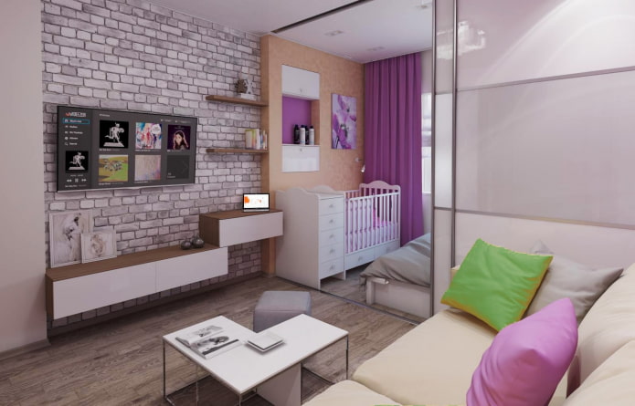 vaikų dizainas buto interjere yra 35 kvadratai
