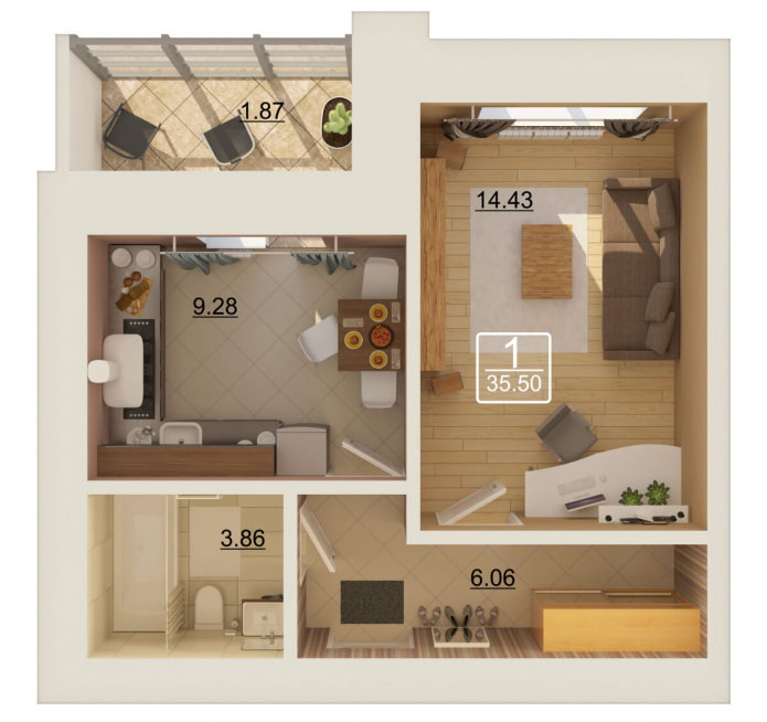 35 kvadrātmetru studijas tipa dzīvokļa interjers