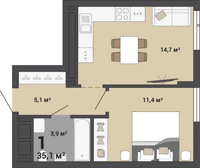 La disposition de l'appartement est de 35 mètres carrés. m