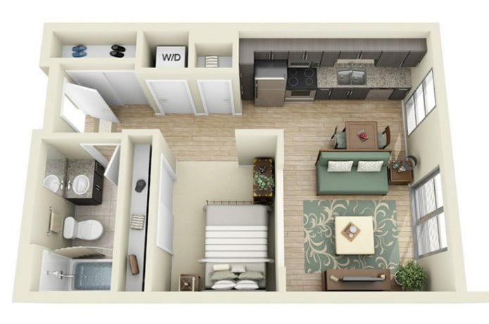 La disposition de l'appartement est de 45 mètres carrés. m
