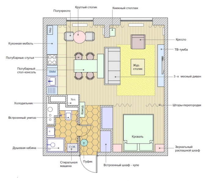 La disposizione dell'appartamento è di 45 metri quadrati. m.