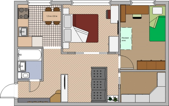 La disposition de l'appartement est de 45 mètres carrés. m