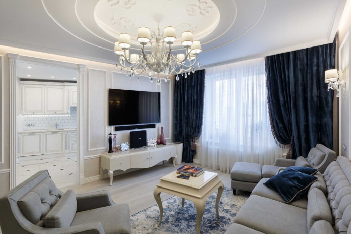 dzīvokļa interjers ir 100 kvadrātu neoklasicisma stilā