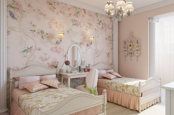 bilik tidur untuk dua kanak-kanak perempuan dalam gaya provensi