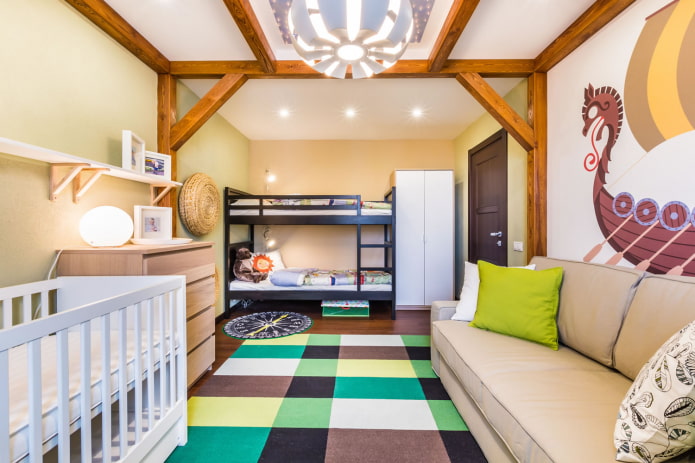 farklı yaşlardaki üç çocuk için bir yatak odası tasarımı