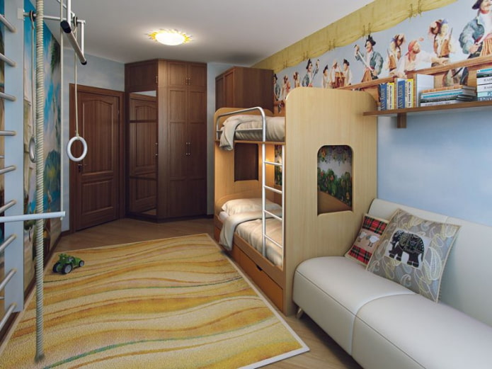 farklı yaşlardaki üç çocuk için bir yatak odası tasarımı