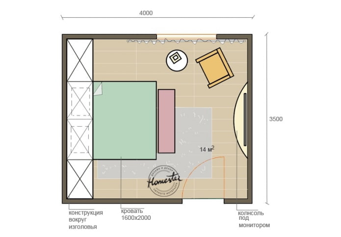 Layout of the bedroom 14 m2