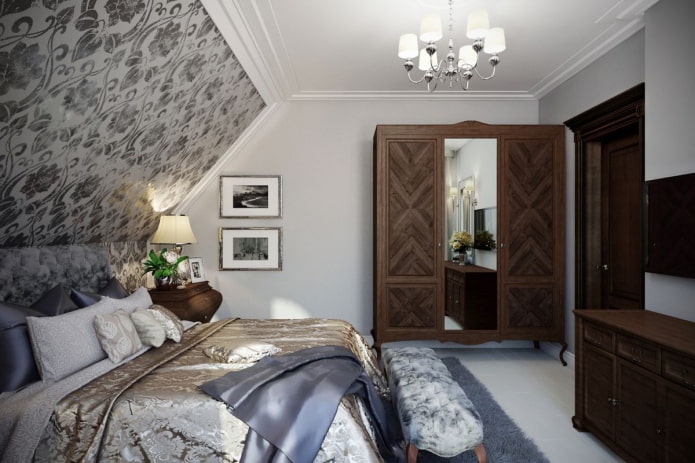 wnętrze sypialni na poddaszu w klasycznym stylu