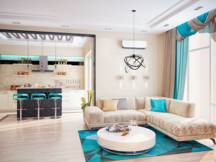 interno soggiorno in tonalità turchese-beige