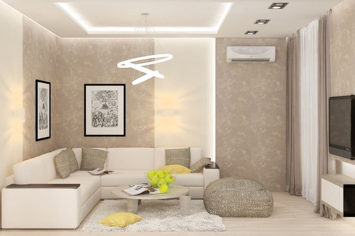 interiér obývacího pokoje v bílé a béžové odstíny