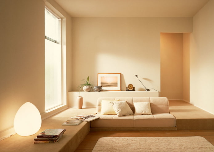 minimalismus béžový interiér obývacího pokoje