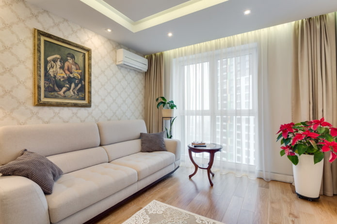 diseño interior de la sala en tonos beige