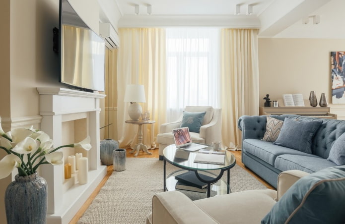 interiér obývacej izby v béžových a modrých odtieňoch