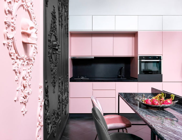 Fekete és rózsaszín egysoros konyha