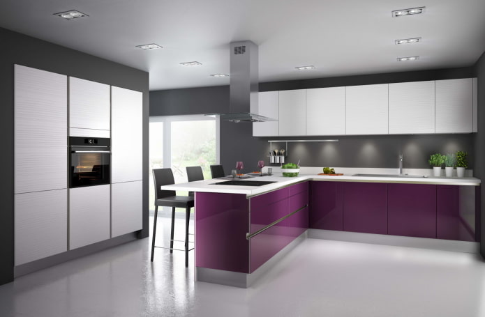virtuves dizains pelēcīgi violetos toņos