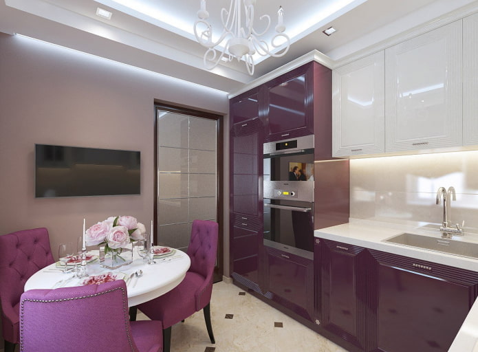 furniture in the interior of the kitchen in purple tones
