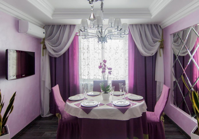 curtains in the interior of the kitchen in purple colors