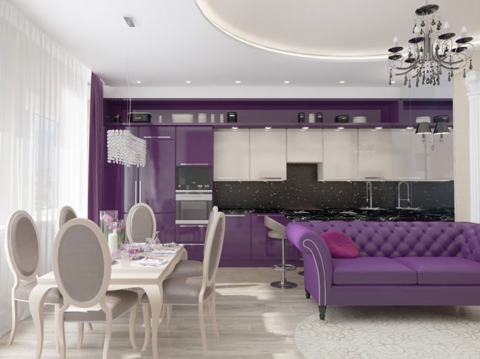 fialový interiér kuchyně