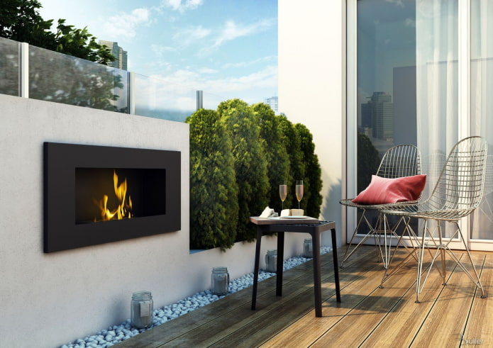 fireplace in the interior of the balcony space