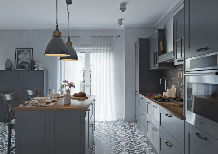 sivý interiér kuchyne
