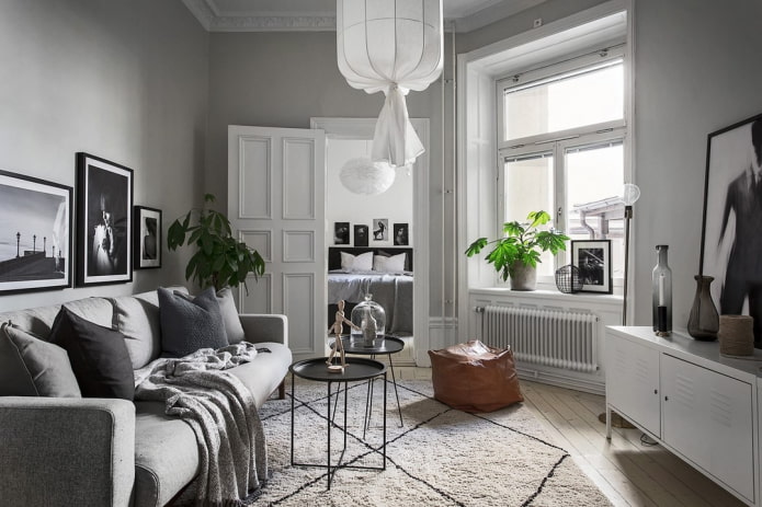 sivý interiér škandinávskeho štýlu