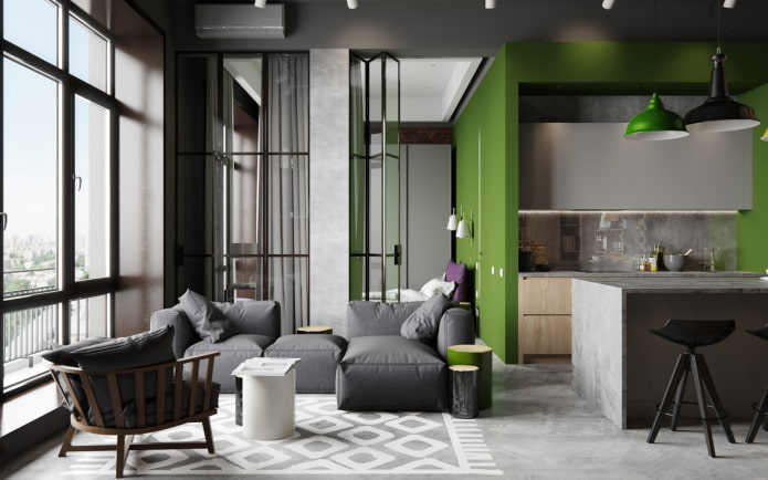 diseño de interiores en tonos gris verdosos