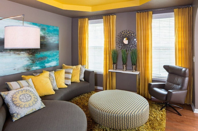 diseño interior en tonos grises y amarillos