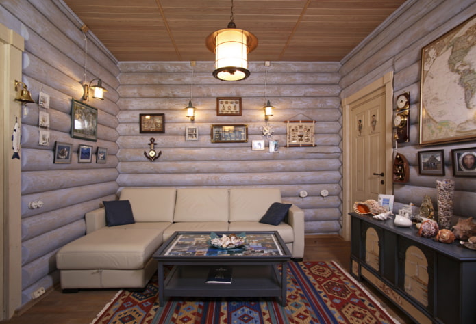soggiorno design all'interno di una casa di tronchi