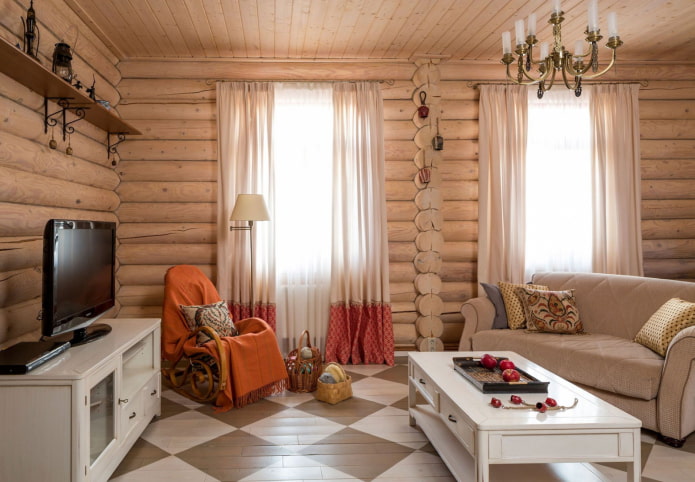 design de sala de estar no interior de uma casa de madeira