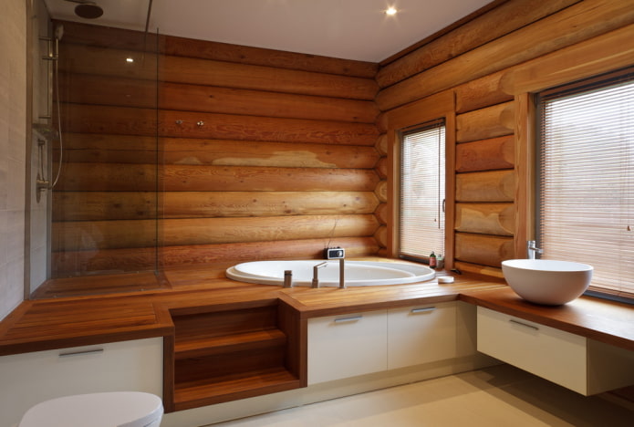 design av ett badrum inuti ett timmerhus