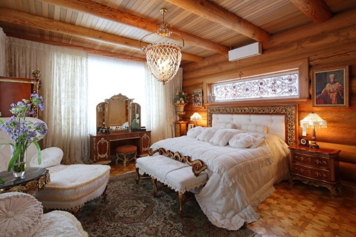 wnętrze domu z bali w stylu rosyjskim