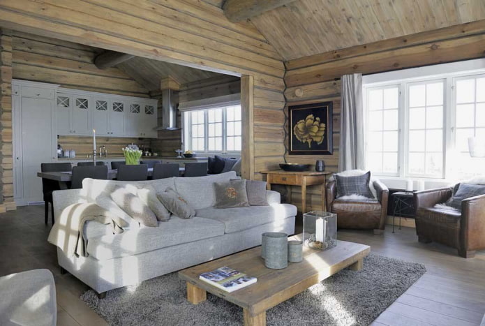 Intérieur de maison en bois rond de style scandinave