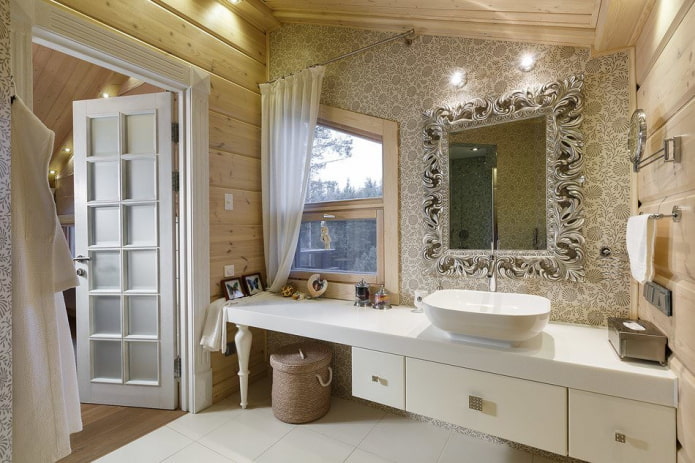 дизайн на баня в интериора на дървена къща