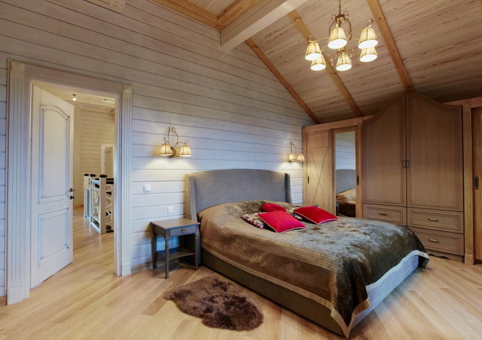 design de quarto no interior de uma casa de madeira