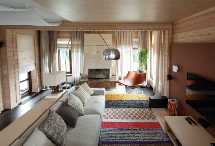 soggiorno design all'interno di una casa in legno