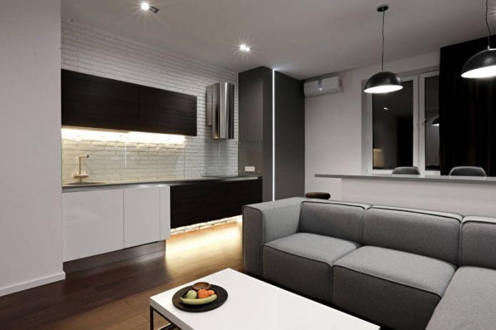 minimalistisk design av kjøkken og stue