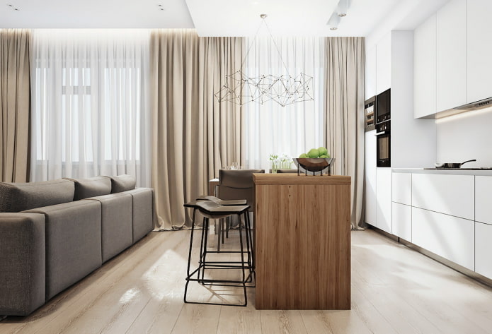 minimalistisches Design von Küche und Wohnzimmer
