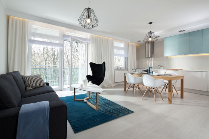 minimalistisk design av kjøkken og stue