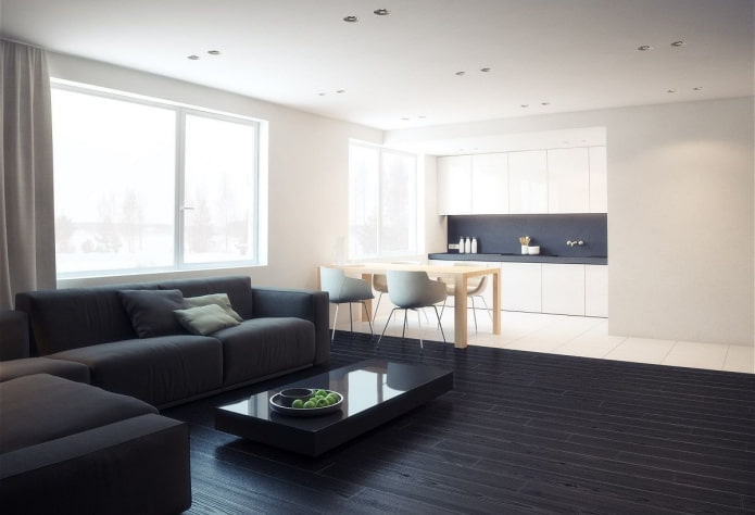 minimalistisk køkken-stue design