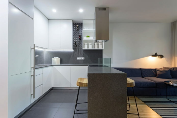 minimalistisk køkken-stue design