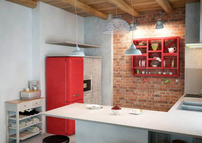 bijela i crvena kuhinja u potkrovlju