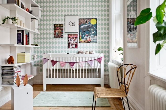 Wnętrze pokoju dziecinnego dla noworodka w stylu nordyckim