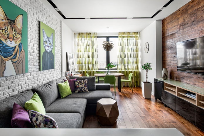 ekologinio lofto gyvenamojo kambario interjero dizainas