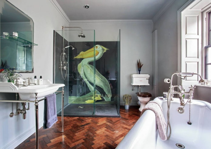 eklektiško stiliaus vonios kambario interjeras