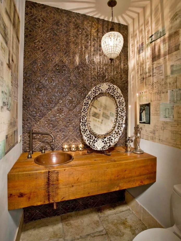 eklektiško stiliaus vonios kambario dizainas