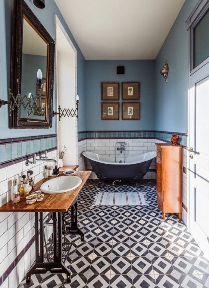 eklektiško stiliaus vonios kambario dizainas