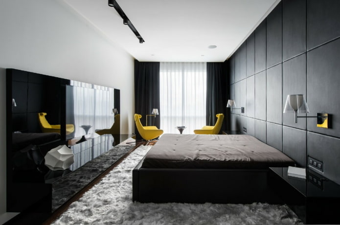 guļamistabas mēbeles melnbaltā krāsā